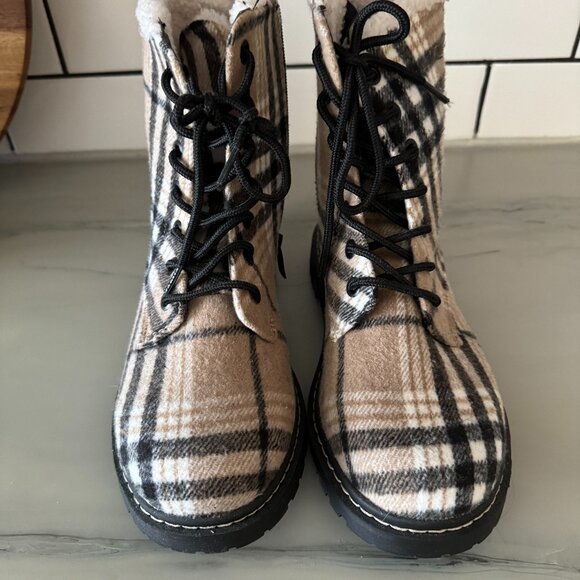torrid Shoes - Torrid - Beige Plaid Fuzzy Combat Boots - Size 8W